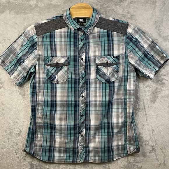 Rock & Republic Shirt Mens XXL Green Blue‎ Plaid Button Up Short Sleeve - Picture 1 of 9